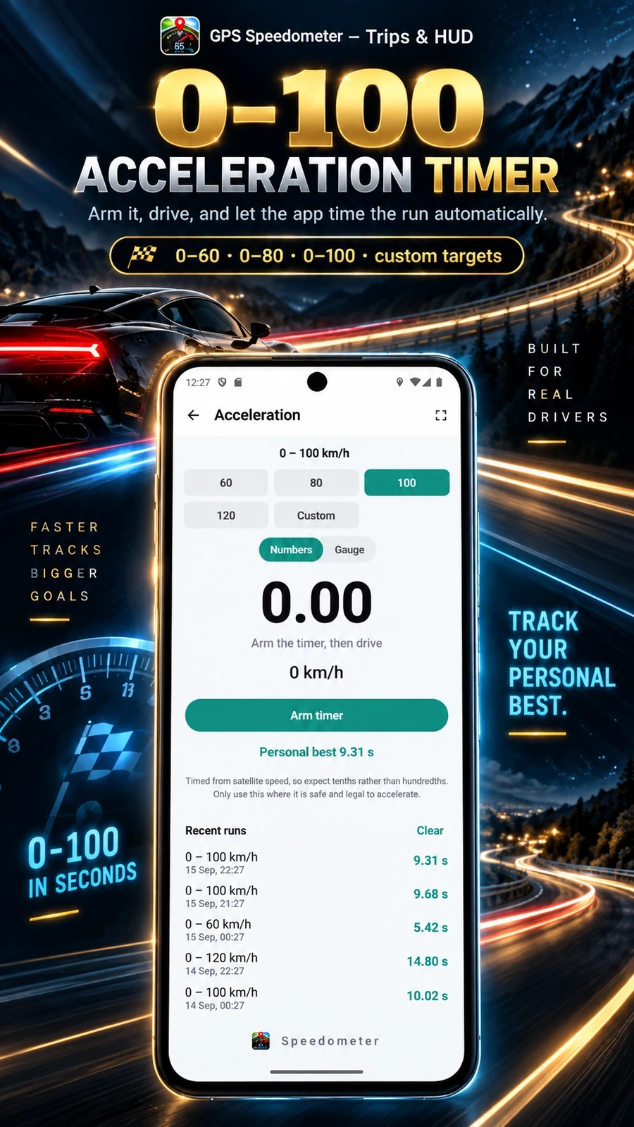 GPS Speedometer acceleration timing screen