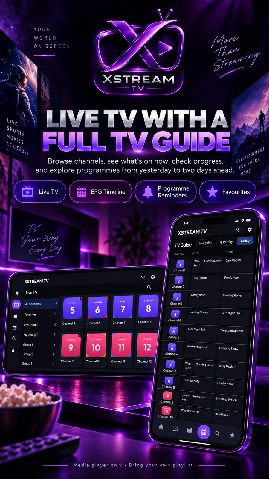 XStream TV live channels and guide on a phone