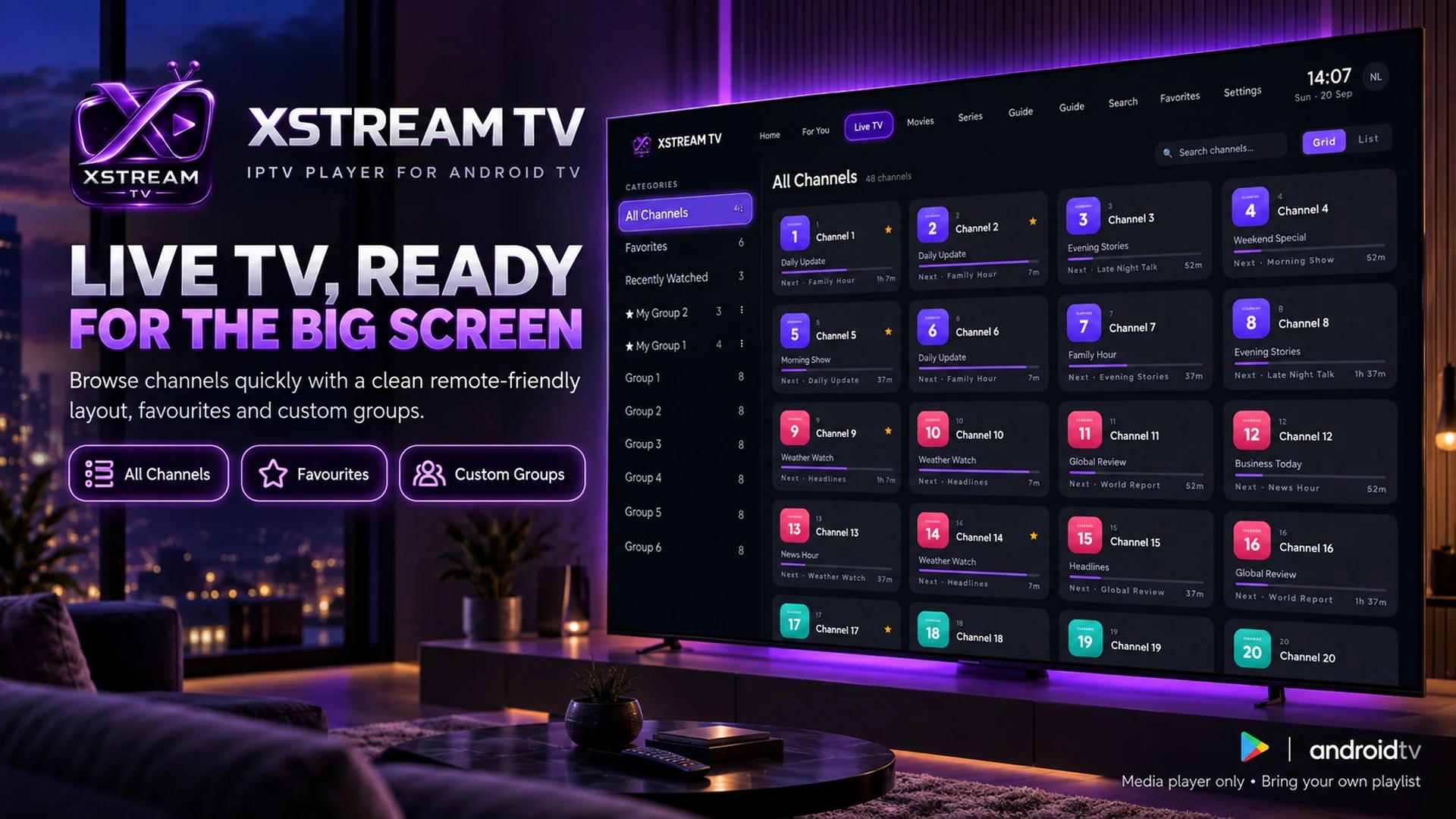XStream TV live channel grid on a television