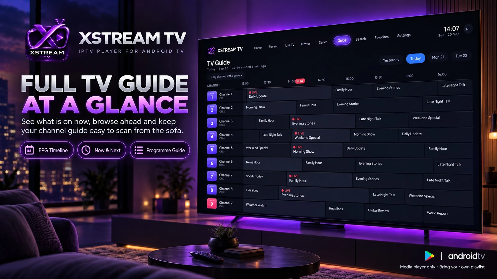 XStream TV programme guide timeline on a television