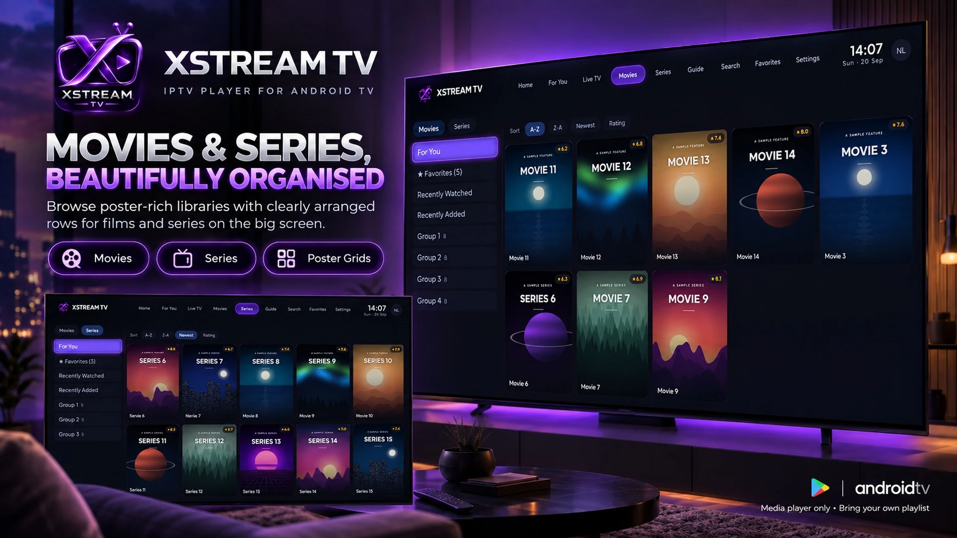 XStream TV movie and series poster library on a television
